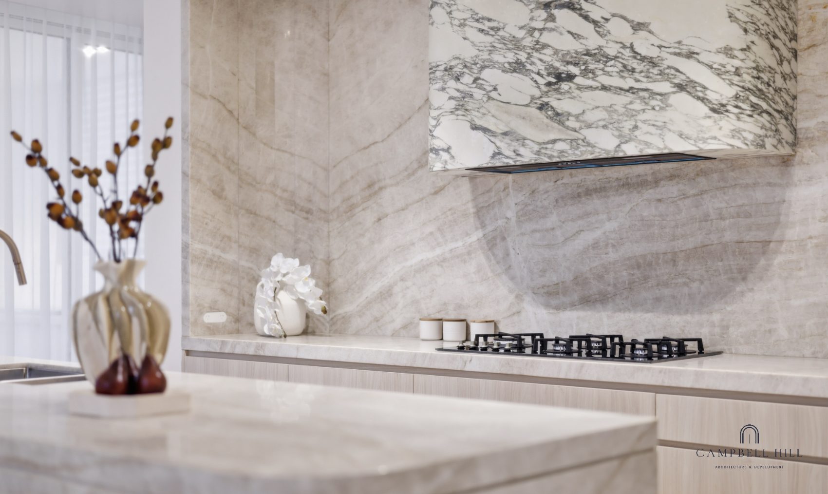 Kitchen in book-matched stone