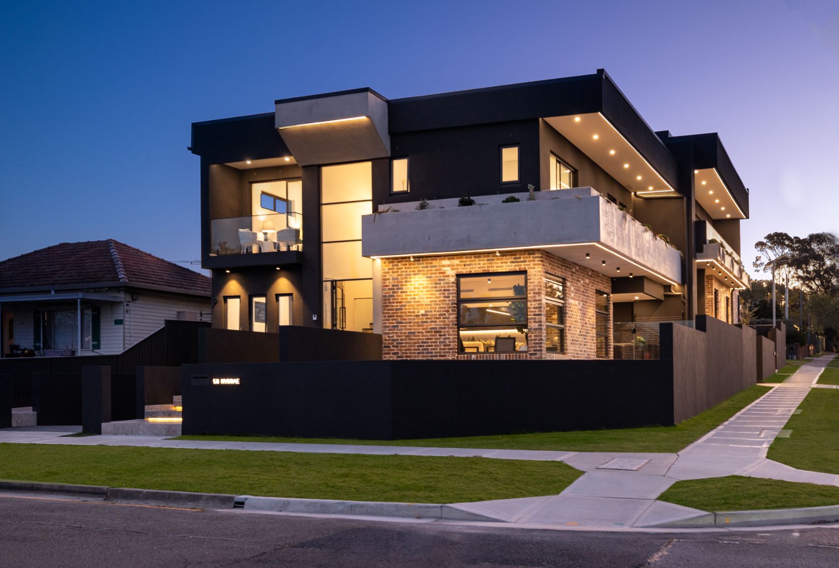 Revesby residence facade at dusk