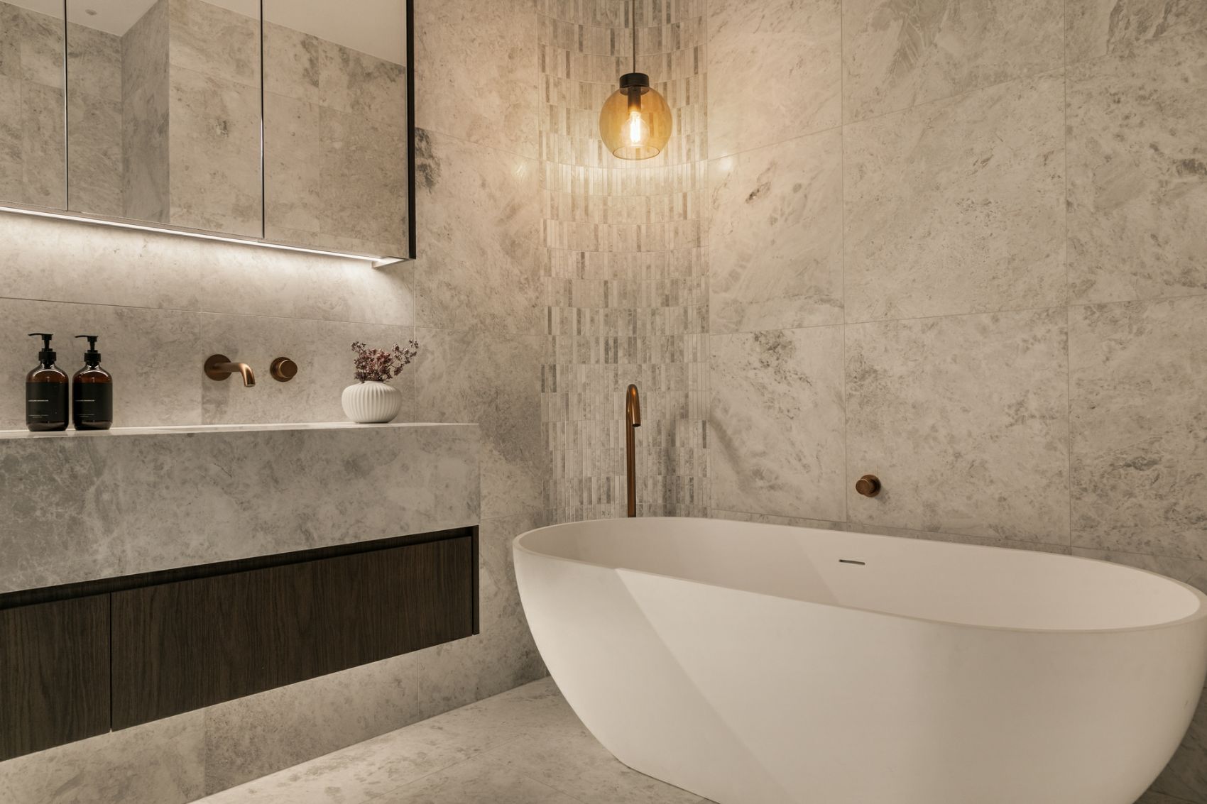 Ensuite with freestanding bath and stone vanity
